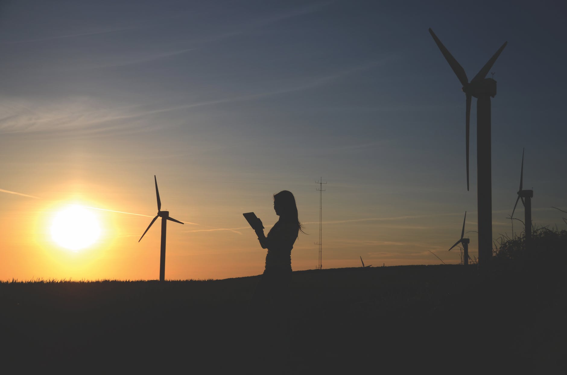 silhouette of woman holding book near windmills