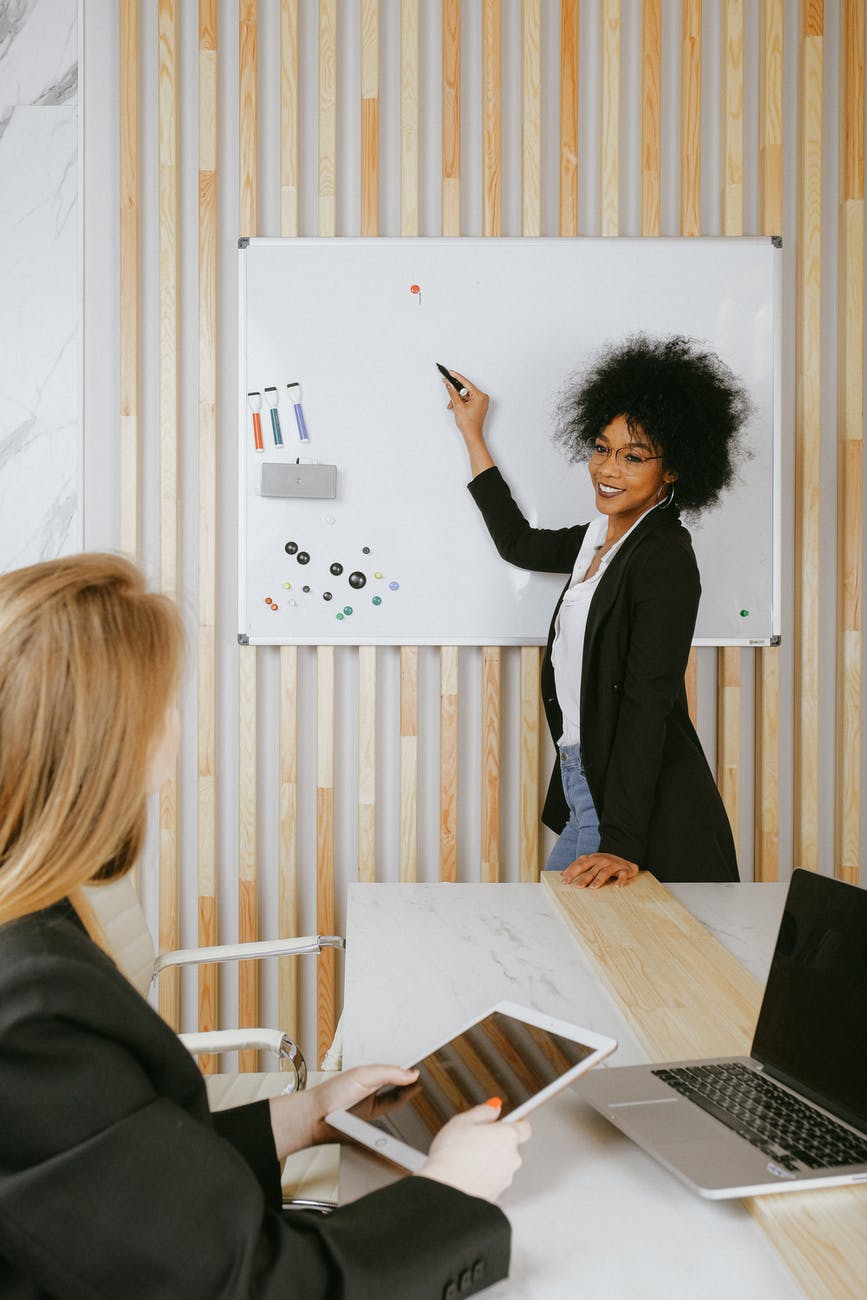 woman pointing at whiteboard