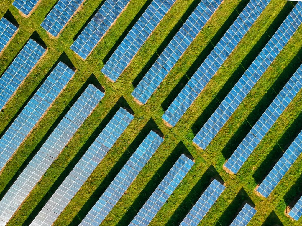 solar panels on a green field